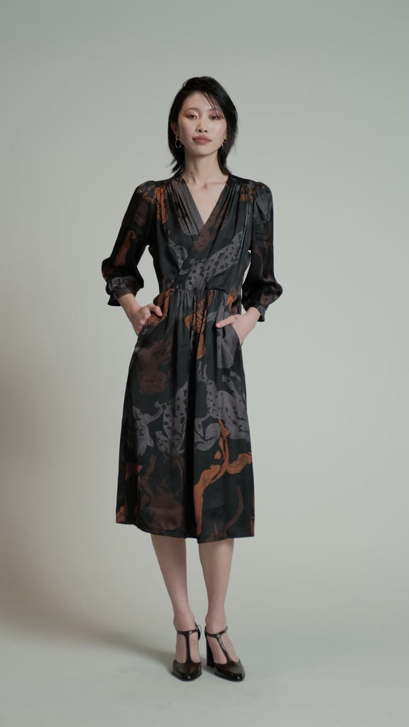 Video of a model in a studio wearing a horse print Therapy dress.